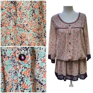 vtg chiffon pastel dainty floral purple prairie boho mini dress tunic size S/M